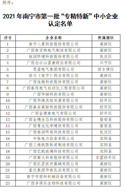 2021年南甯市第一批“專精(jīng)特新(xīn)”中(zhōng)小(xiǎo)企業公(gōng)示